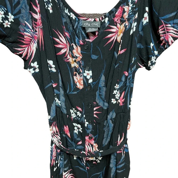 City Chic Black Floral Palm‎ Button Front Off the Shoulder Romper Plus Size 24 - Picture 4 of 11